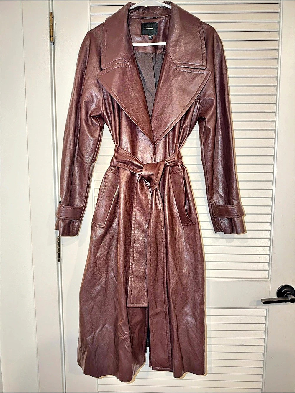 Express Faux Leather Belted Trench Coat Brown large